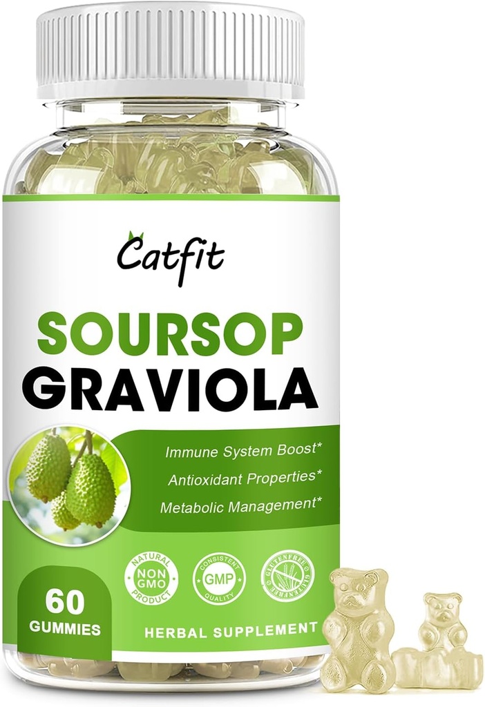 Soursop Graviola Gummies, Soursop Leaves Extract Herbs for Immune Boost, Antioxidant and Overall Health Support, Soursop Fruit, High-Absorption, Gluten Free, Vegan, 60 Gummies