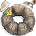 Round Weekly Pill Organizer, TPU Rubberized, Travel Pill Container 7 Day, with 7 Large Compartments, Great for Daily Vitamins & Supplements, Cute Pill Case with Large Letters and Braille (Grey)