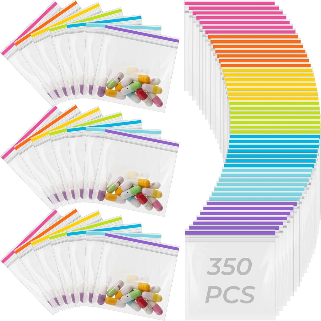 Fulmoon 350 Pcs Bulk Pill Pouch Bags Desechables 7 Colores Zipper Pills Bag Daily Travel Medicine Organizer Storage Pouches Clear Reusable for Small Items Storage(Candy Colors)