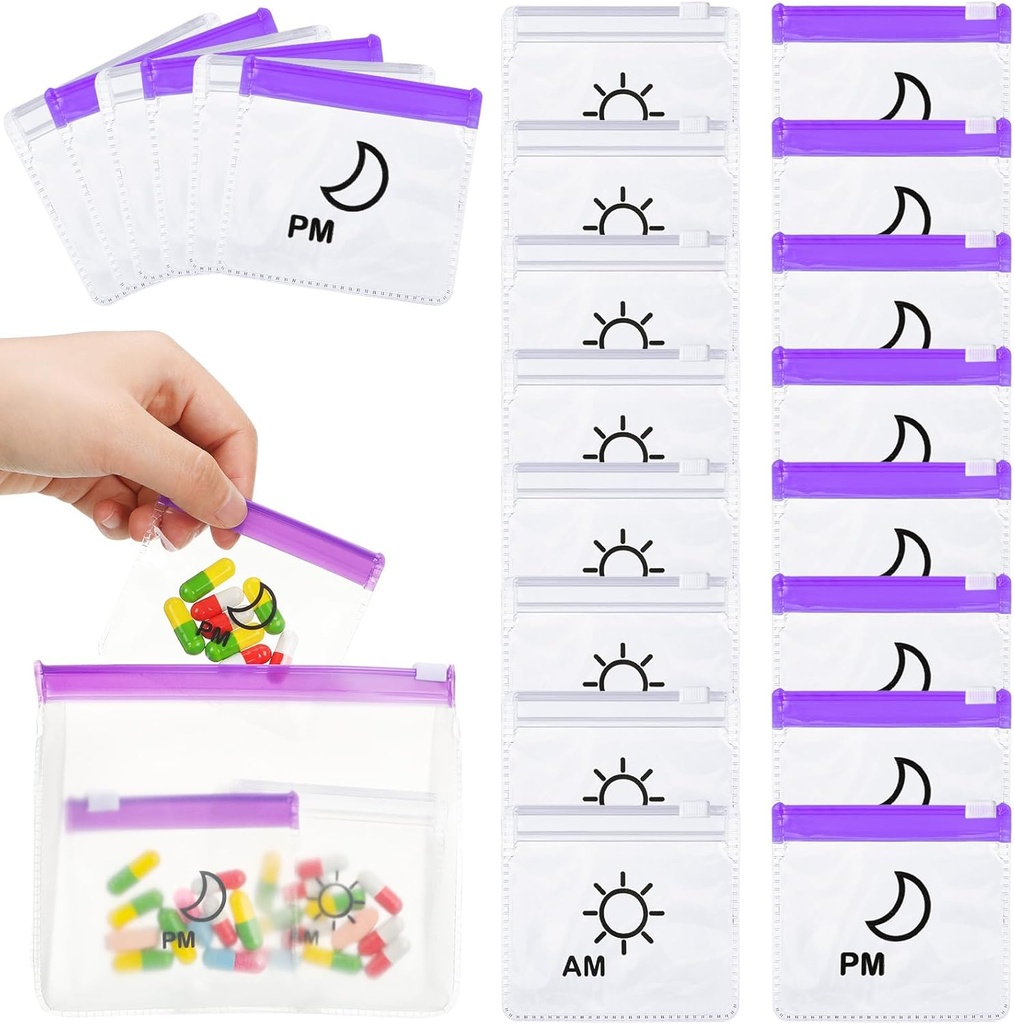 56 Pcs AM PM Pill Pouches Bolsas Travel Pill Bags Zippered Medicine Organizer Day and Night Pill Bag Reusable Plastic Pill Baggies with Slide Lock Monthly Pill Organizer 2 Times a Day (Clear, Purple)