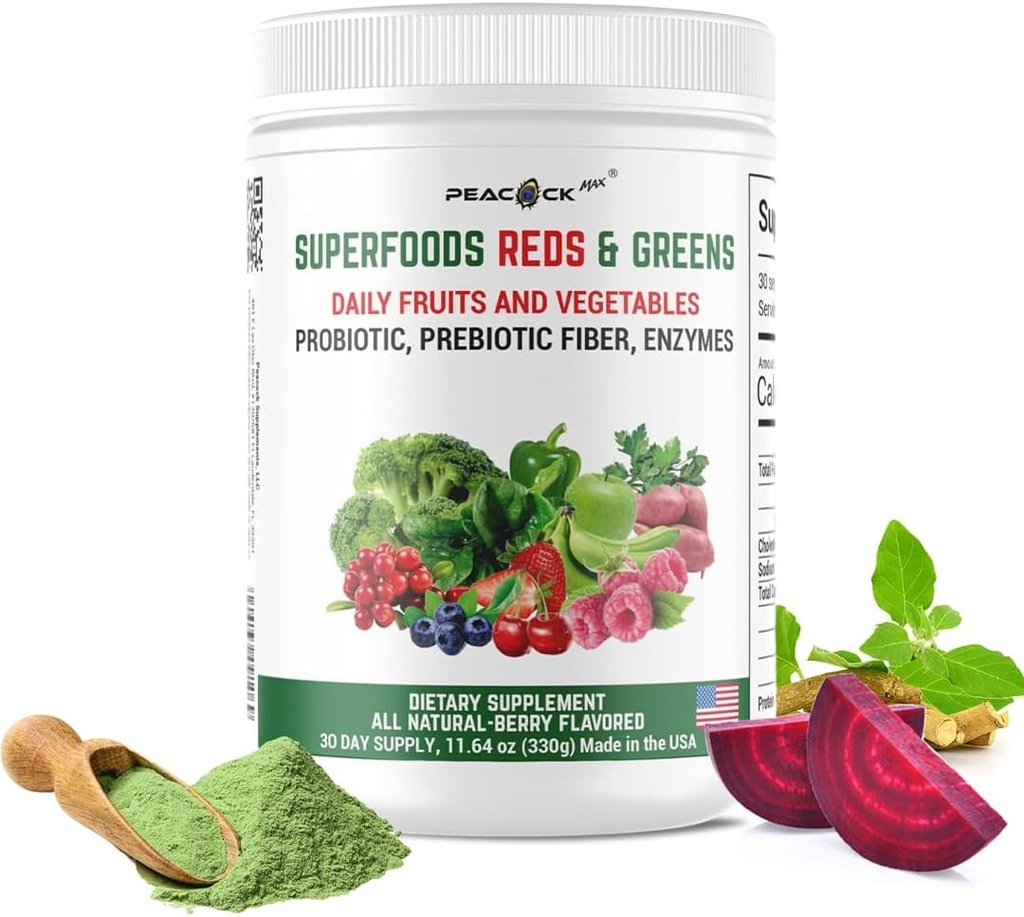Superfood Reds " Greens Powder - 11.64 oz, Prebióticos " Probióticos para la Salud Digestiva, Super Greens Polvo con Ashwagandha para Gut Health, Immunity, Antioxidants, Vegan, Non-GMO