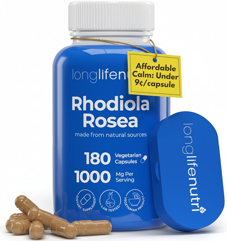 LongLifeNutri Rhodiola Rosea 500mg - 180 cápsulas vegetarianas para la salud mental y física, no transgénico, suministro de 3 meses, pruebas de laboratorio de origen natural, realizadas en EE.UU. - Suplemento diario de bienestar