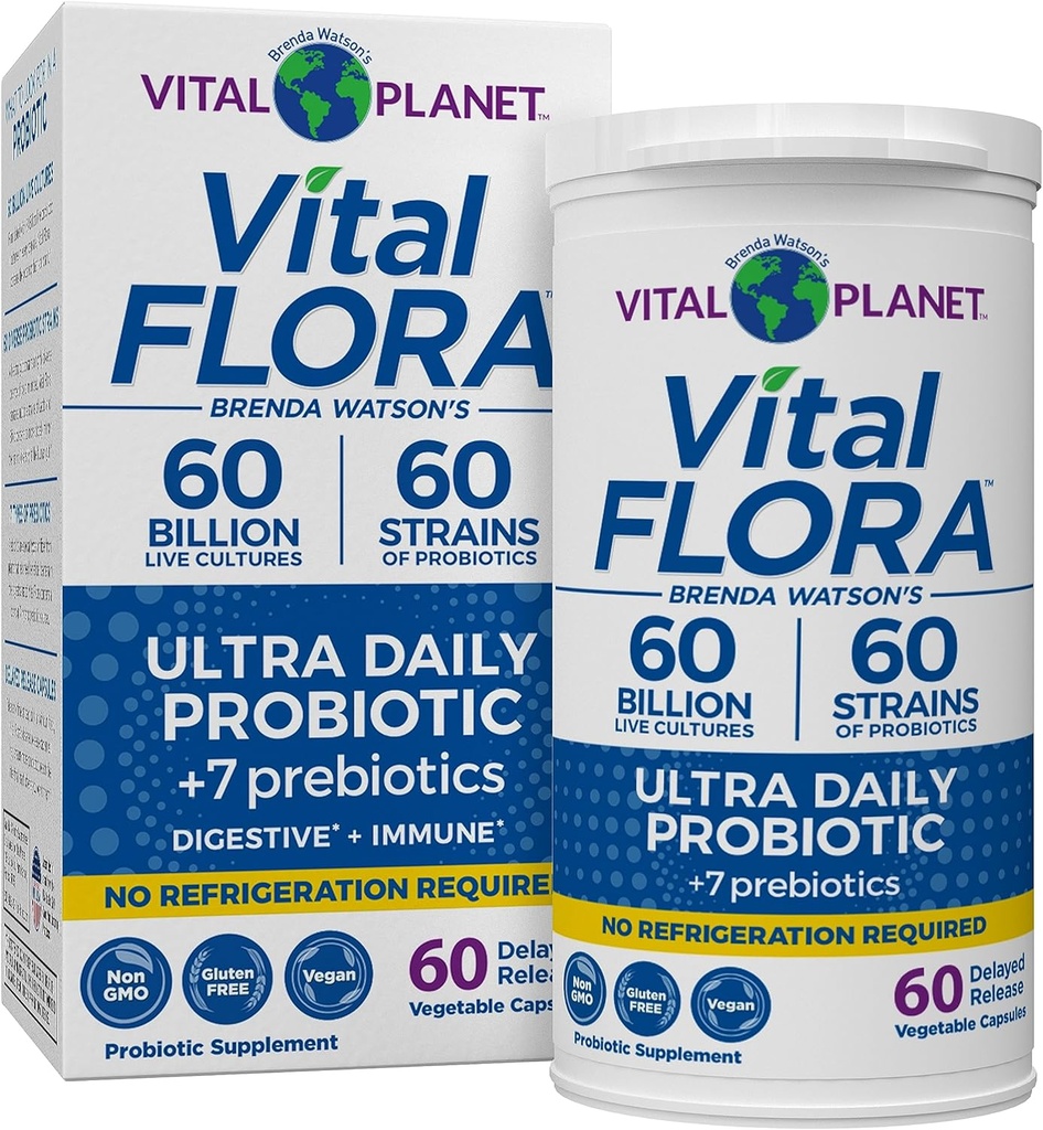 Planeta Vital - Vital Flora Ultra Daily Probiótico 60 Billones CFU, 60 Strains Diversos, 7 Prebióticos Orgánicos, Apoyo Inmunitario, Estante de Salud Digestivo Probióticos Estables para Mujeres y Hombres 60 cápsulas