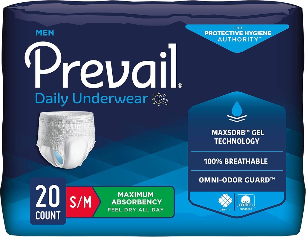 Prevail - Ropa protectora para hombre - Ropa interior de la incontinencia desechable - Diaper de adulto desechable - Absorbencia máxima - pequeña / media - 20 cuenta