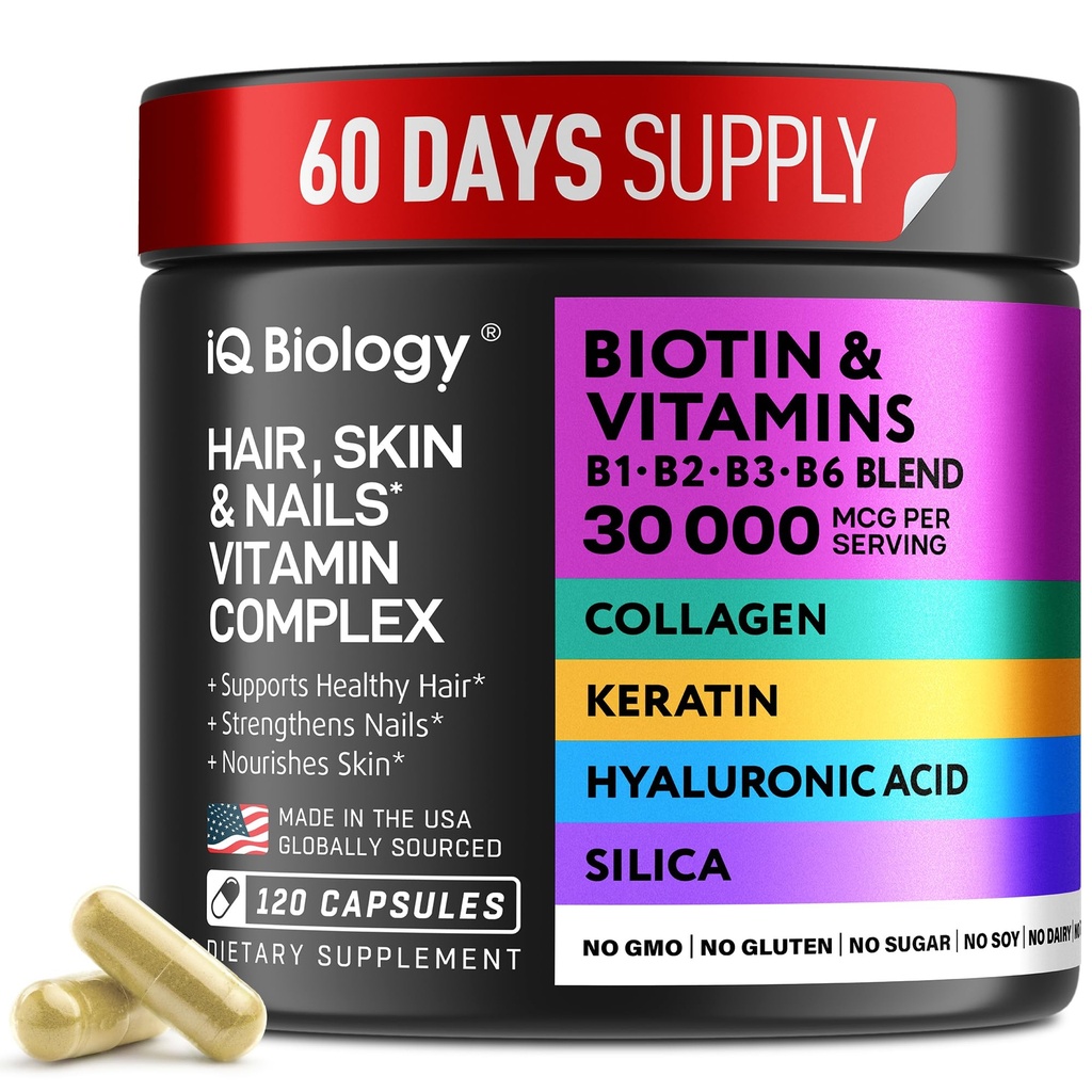 Biotin 10,000 mcg Supplement for Hair Growth with Collagen & Keratin for Hair Loss & Thinning Hair - Hair Skin and Nails Vitamins for Women & Men - Healthy Regrowth, Skin Glow & Nail Repair - 120 Caps
