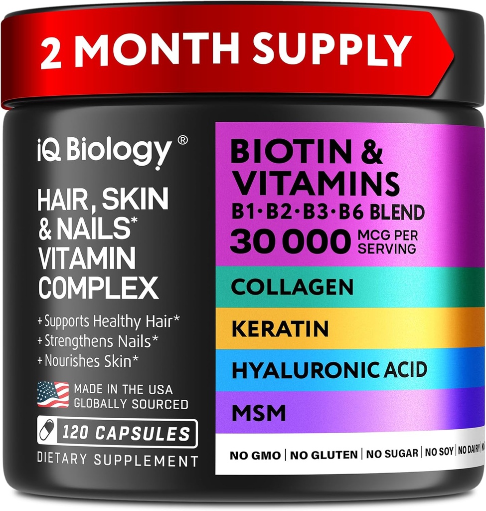 Biotina para el crecimiento del cabello Mujeres &amp; Hombres con queratina, Complejo Collagen 30000 mcg – Cápsulas para la pérdida del cabello > Esquí & uñas Vitaminas, Biotina 10000mcg y Suplementos Collagen - 120 Píldoras