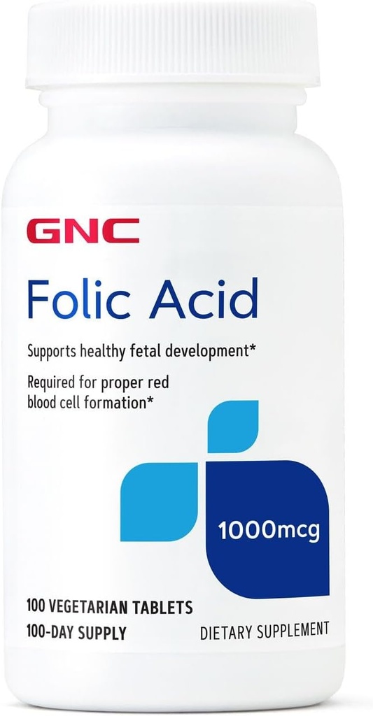 GNC Folic Acid 1000mcg, apoya el desarrollo fetal saludable, requerido para la formación adecuada de células rojas de sangre, Fórmula vegetariana, 100 Conde