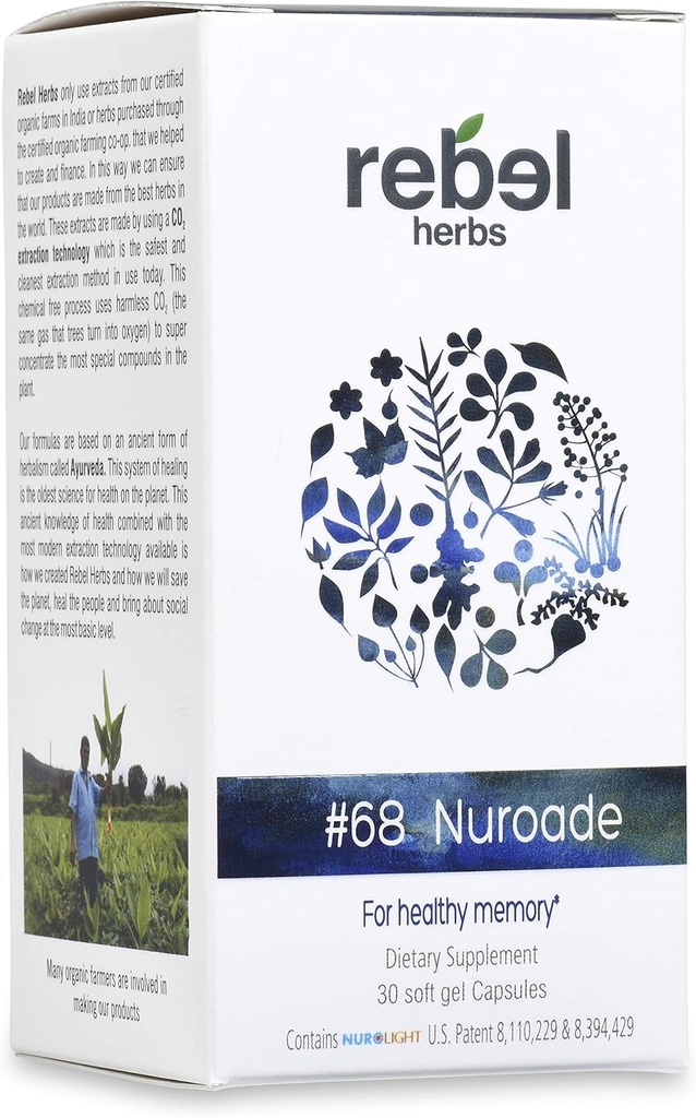 #68 Nuroade Capsules Brain Supplement Nootropics Booster - Enhance Focus, Boost Concentration, Mejorar la memoria y la claridad, mejora de la mente, mejora de IQ con Bacopa y Celastrus