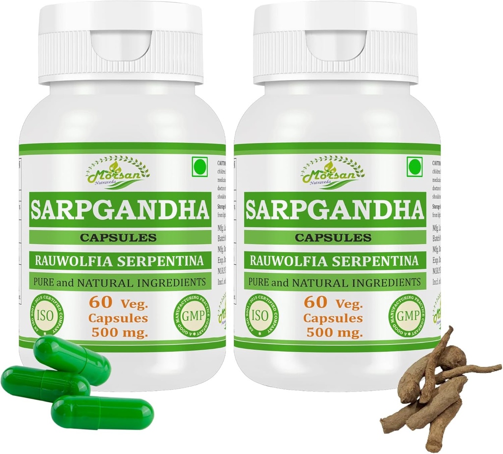 Rauwolfia Serpentina de Morsan Nutraveda (Sarpgandha, Sarpagandha) Extracto Cápsulas peru Highest Potency, 100% Herbal Producto tención Pack de 60 X 500 mg. Veg. Cápsulas (Pack of 2 Jar)