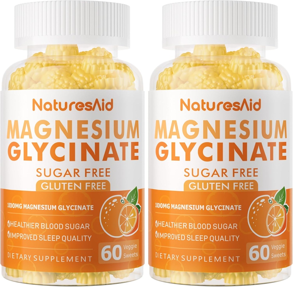 Magnesio Glycinate Gummies 1000mg - Suplemento de Potasio de Magnesio Libre de Azúcar con Vitamina D, B6, CoQ10 para calma Mood &amp; Sleep Support - 120 Orange Gummies -2 Pack