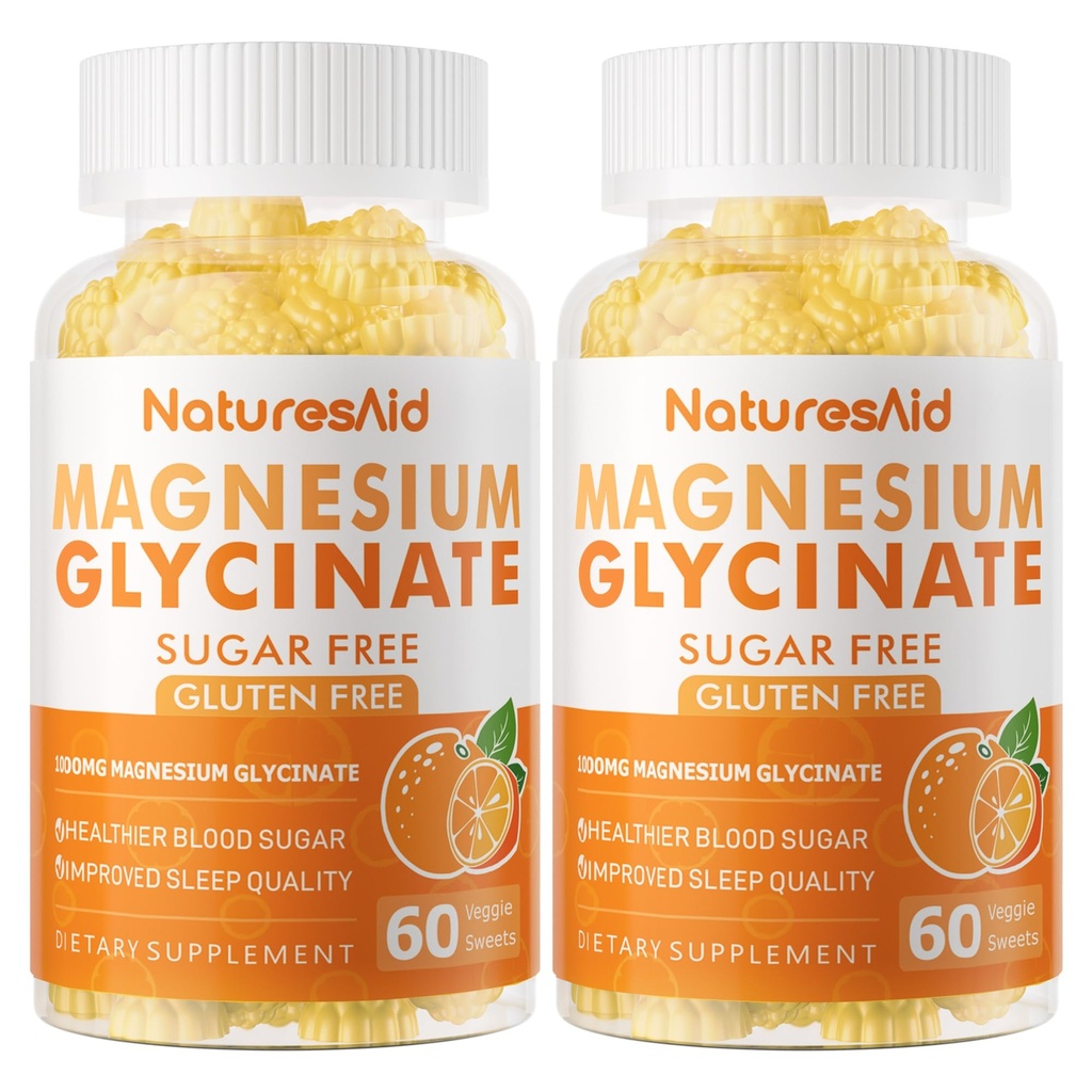 Magnesio Glycinate Gummies 1000mg - Suplemento de Potasio de Magnesio Libre de Azúcar con Vitamina D, B6, CoQ10 para calma Mood &amp; Sleep Support - 120 Orange Gummies -2 Pack