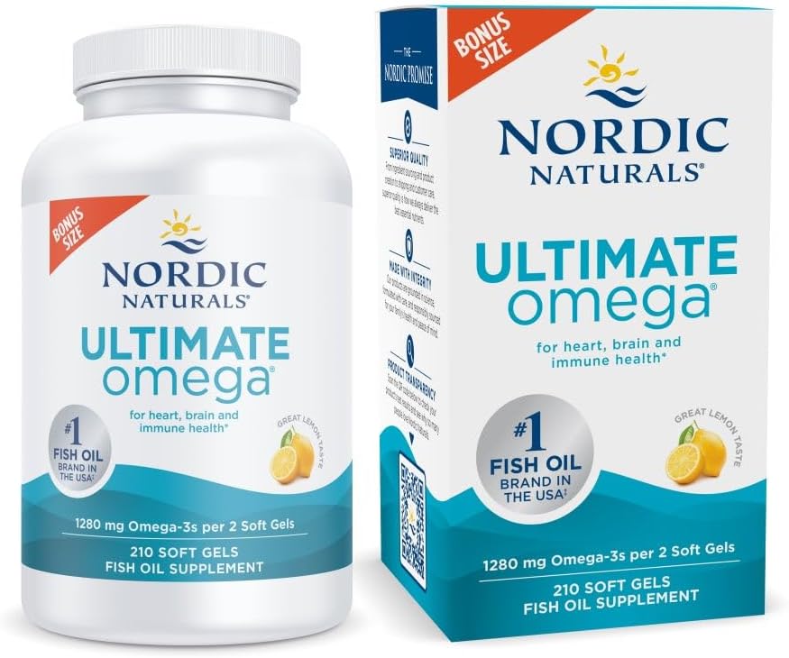 Nordic Naturals Ultimate Omega, Lemon Flavor - 210 Gels Soft - 1280 mg Omega-3 - Aceite de pescado de alta potencia con EPA & DHA - promueve la salud cerebral y cardíaca - No GMO - 105 Servimientos