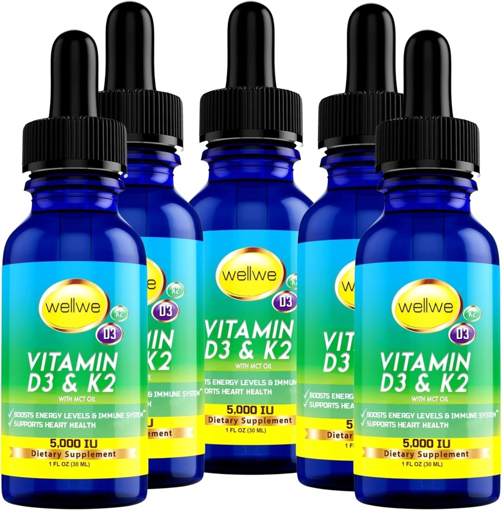Vitamina Líquida D3 K2 gotas 5000 UI - Vegan, No Taste, No Odor, Libre de soja, Libre de gluten, No GMO, 1000 UI por gota, Boost Energy Levels & Immune System, Supports Heart Health (5 Pack)