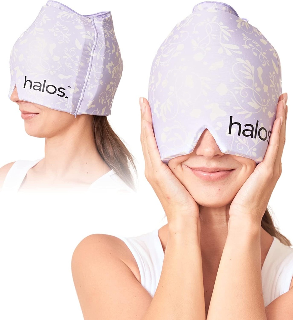 MyHalos® Migraine Relief Cap, 30% Thicker, 2X Más Cooling Gel, Stays Colder for Longer, Form Fitting Ice Hat, Ice Pack Head Wrap Relief, Tension Headache Relief Cap (Violet)