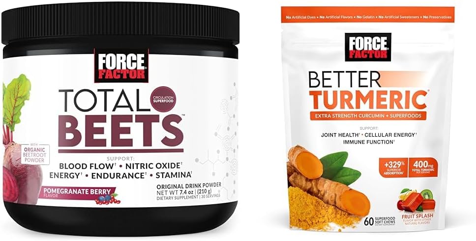 Factor de fuerza Total Beets Nitric Oxide Powder for Circulation and Joint Support Chews with Turmeric Curcumin for Extra Strength