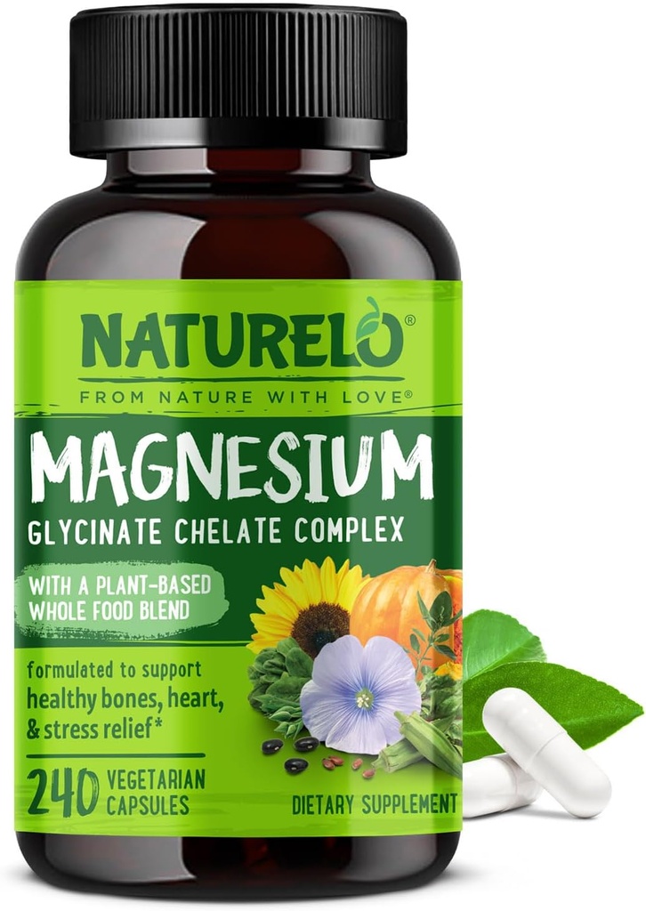NATURELO Magnesium Glycinate Chelate Complex - 200 mg Magnesium with Organic Vegetables to Support Sleep, Calm, Muscle Cramp & Stress Relief - Gluten Free, Non GMO - 240 Capsules