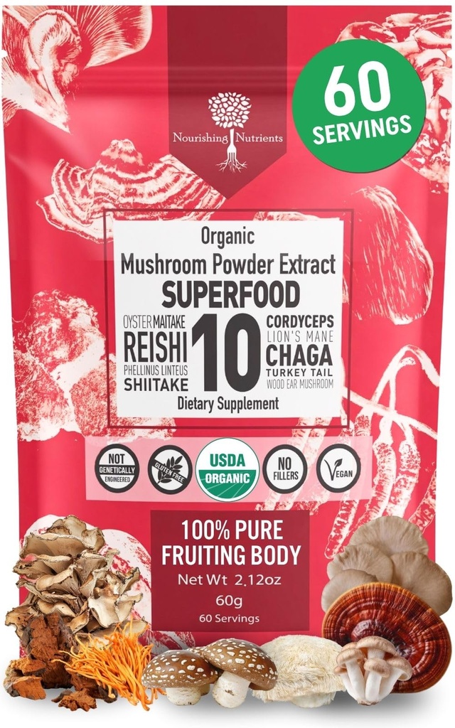 Extracto de polvo de hongos orgánicos -Superfood 10 Suplemento 14x Más fuerte 100% Puro USDA Immunity Booster- Reishi, Chaga, Cordyceps, Shiitake, Lions Mane, Turquía Tail y Más. Añadir al café/té 60 gramos