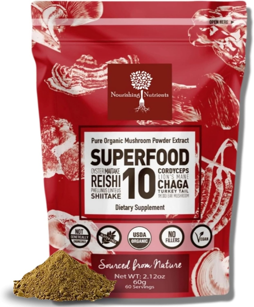 Extracto de polvo de hongos orgánicos -Superfood 10 Suplemento 14x Más fuerte 100% Puro USDA Immunity Booster- Reishi, Chaga, Cordyceps, Shiitake, Lions Mane, Turquía Tail y Más. Añadir al café/té 60 gramos