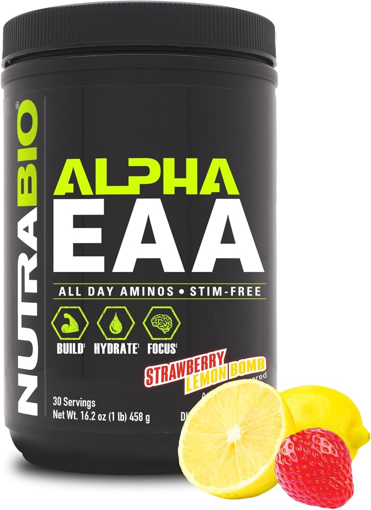 NutraBio Alpha EAA - All-Day Amino Acids for Muscle Growth and Hydration - Essential Amino Acids with Nootropics & Adaptogens- Full Spectrum EAA BCAA Powder - 30 Servings - Strawberry Lemon