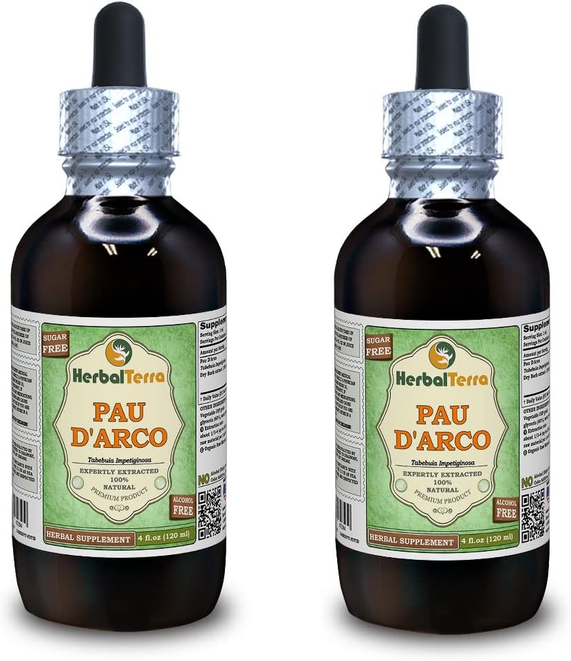 PAU d'arco (Tabebuia Impetiginosa) Glycerite, Barco seco Extracto líquido libre de alcohol (Marca Marca: HerbalTerra, Proudly Made in USA) 2x4 fl.oz (2x120 ml)