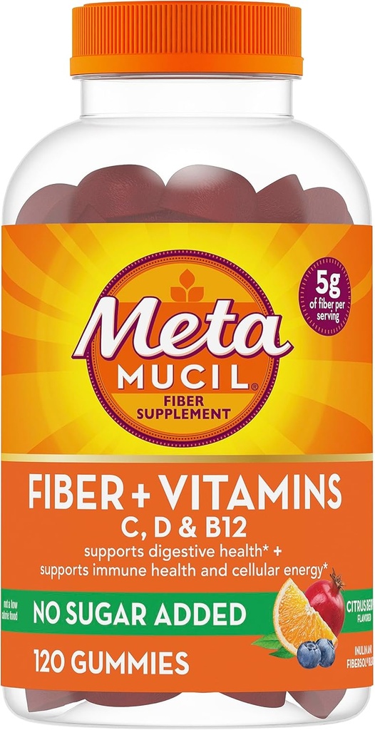 Mangas de fibra de metamucil para adultos con vitaminas C, D, B12 para el metabolismo, No azúcar añadido sabor de baya de citrus, 5g Suplemento de fibra prebiótica de base vegetal Blend, 120 Con