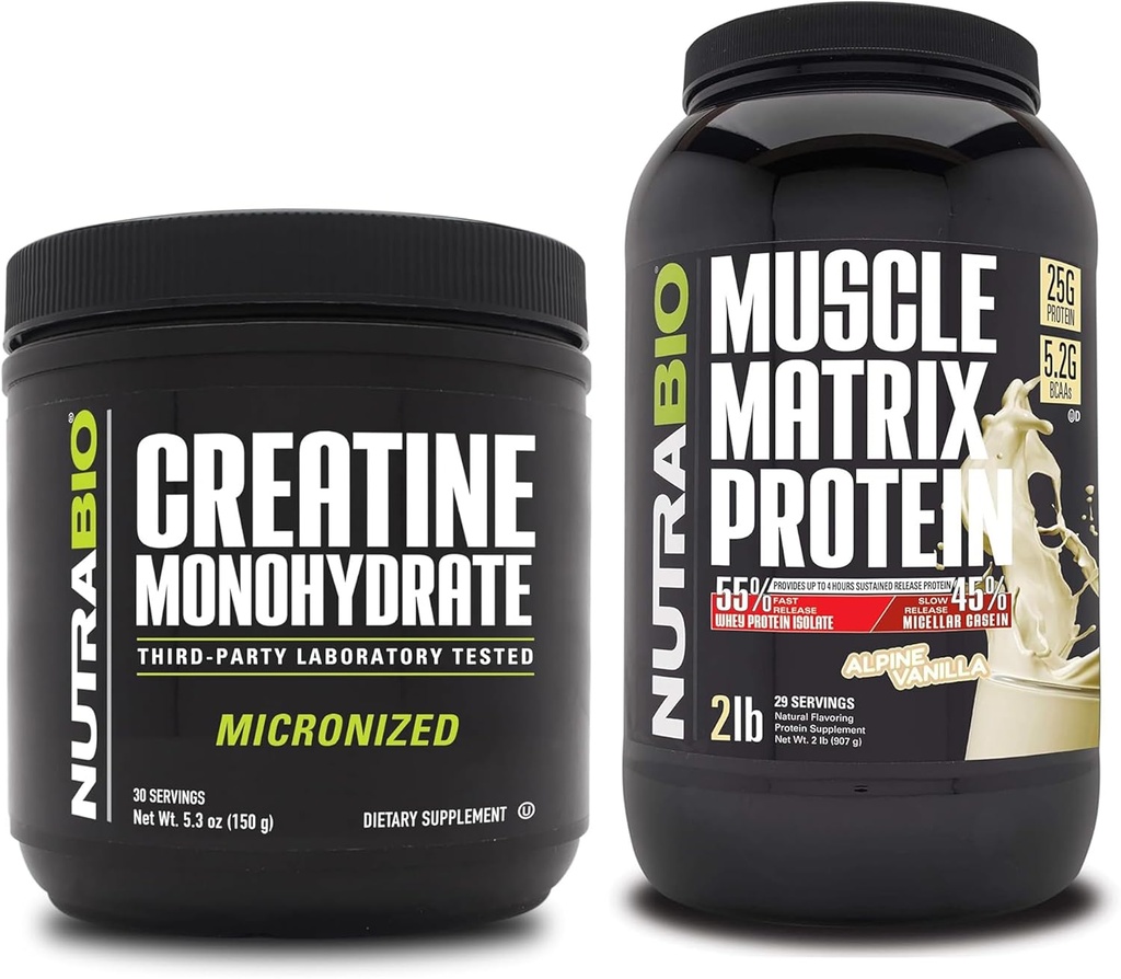NutraBio Cretina Monohidrato, Desflavorado, (150 g) y Muscle Matrix Protein Powder, (Vanilla) Suplemento Bundle – Muscle Energy, Maximum Growth, Recovery, and Strength