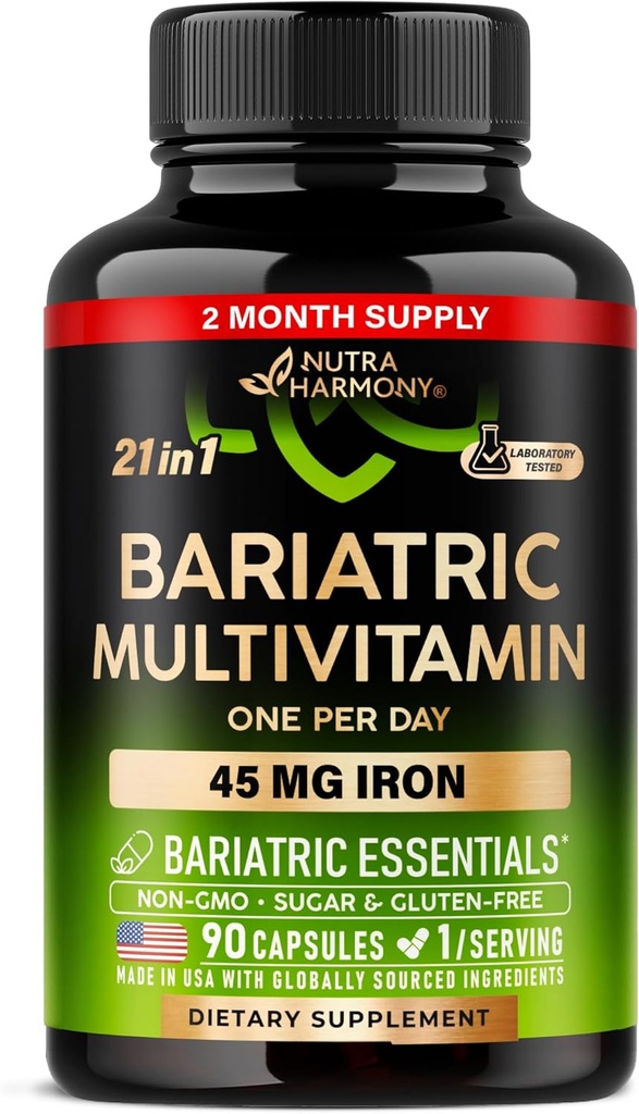 Multivitamina Bariatric - 45 mg Suplementos de Hierro - Hecho en EE.UU. - para Hombres Mujer - All-in-One, 21 Vitaminas Esenciales - Gastric Sleeve Soporte - Libre de Azúcar, Gluten &amp; Soy - 90 cápsulas, Una vez diaria