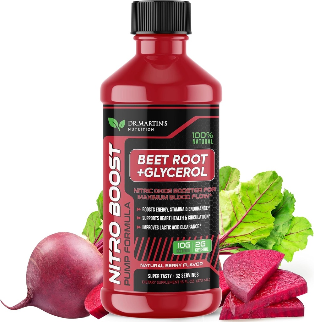 DR. MARTIN'S NUTRITION NitroBeet 12,000mg Beet Root + Glycerol para Flujo de Sangre, Bombas " Endurance ← Apoya la Salud del Corazón " Circulación ← Suplemento Natural Beetroot para Hombres " Mujeres