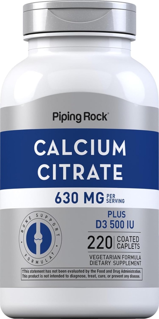 Piping Rock Calcium Citrate with Vitamin D3 TEN 630 mg ANTE 220 Caplets tención Suplemento para Mujeres y Hombres Silencio Vegetariano, No GMO, Gluten Free