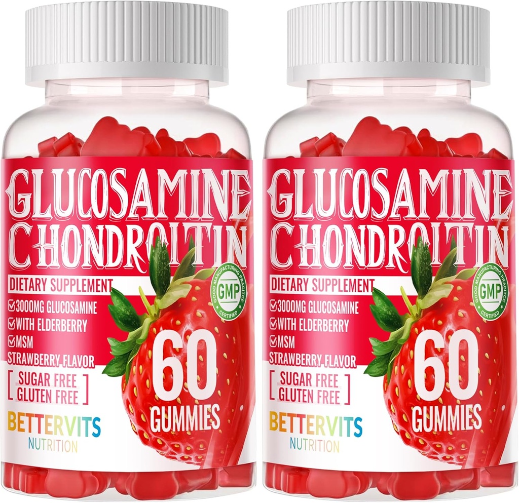 Glucosamine Chondroitin Gummies with MSM & Elderberry Extra Strength - Joint Support, Antioxidant Immune Support Supplement for Adults, Men &amp; Women. 120 Gummies de fresa