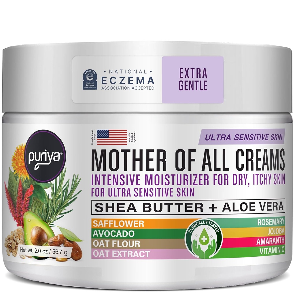 Puriya National Eczema Association Aceptado Cream 2 oz, Dry Itchy Skin Relief, Colloidal Oatmeal Lotion, Para niños, adultos, cara, manos, madre de todas las cremas, hidratación basada en plantas, ninguna fragancia Añadido