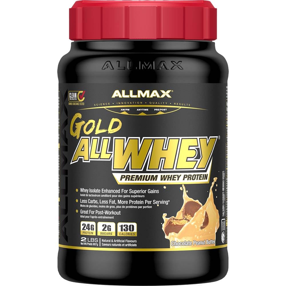 ALLMAX Nutrition Gold ALLWHEY, Chocolate Peanut Butter - 2 lb - 24 Grams of Protein Por Scoop - Gluten Free, Low Carb & Low Sugar - Aprox. 30 Servings