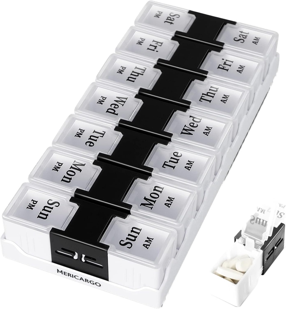 MERICARGO Organizador semanal de píldoras 2 veces al día, caja de carga de fácil acceso, organizador de la píldora del Pm 7 días para medicina, vitaminas, aceites de pescado y suplementos