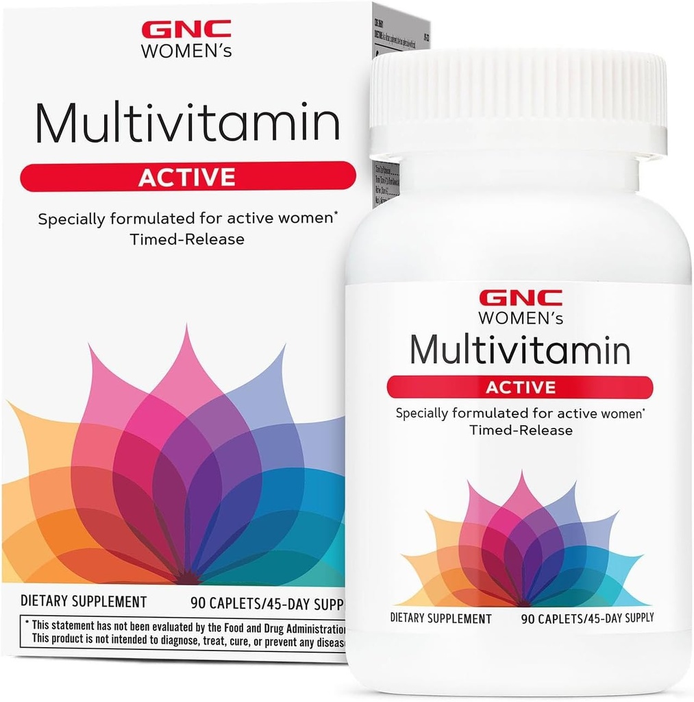 Multivitamina activa de las mujeres GNC clínicamente probada para la nutrición, recuperación del ejercicio, producción de energía, salud ósea, belleza, inmuno, biotina, hierro, zinc, 90 caplets