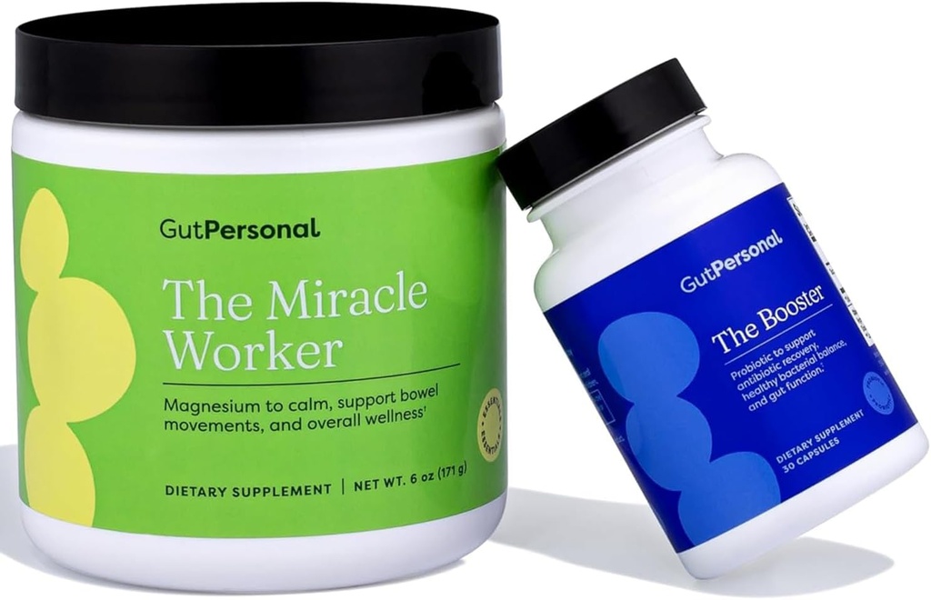 GutPersonal The Gut FixTM Bundle: The Miracle Worker Magnesium Powder Supplement, Strawberry Flavor, 30 Servings + The Booster Targeted Probiotic, Capsule, 60 Servings