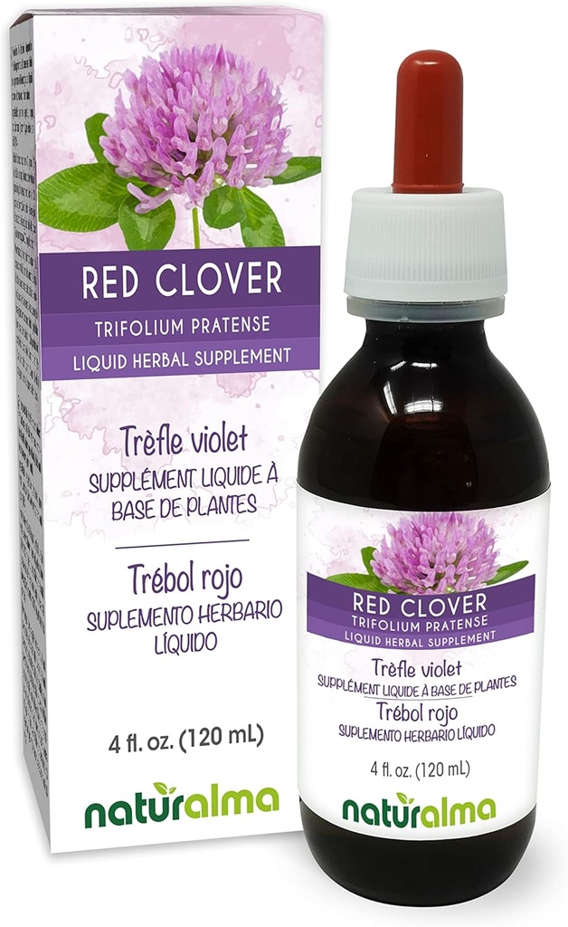 Naturalma Rojo Clover (Trifolium pratense) hierba con Flores Tintura libre de alcohol - 4 fl oz Extracto líquido en gotas - Suplemento herbal - Vegan