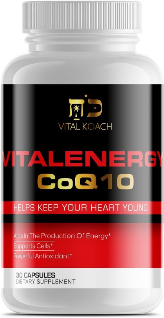 Vitalenergy CoQ10 Ubiquinone 200mg, 30 cápsulas, soporta la salud cardiovascular, producción de energía celular y antioxidante, blanco/rojo/negro