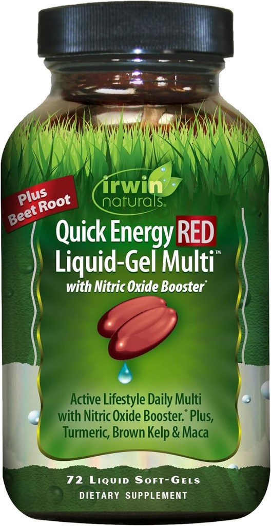 Irwin Naturals Quick Energy RED Liquid-Gel Multi - 72 Liquid Softgels - con Nitric Oxide Booster &amp; Super Foods