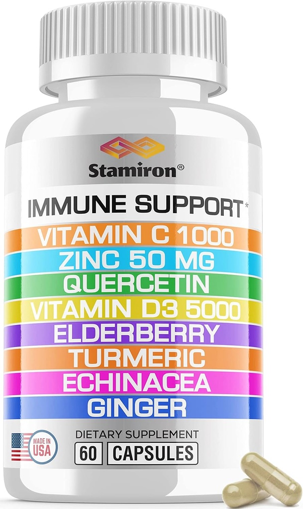 8 in 1 Immune Support with Quercetin Zinc 50mg Vitamin C 1000mg Vitamin D3 5000 IU and Elderberry Echinacea Ginger for Adults Kids - VIT D Supplement Veg Capsules