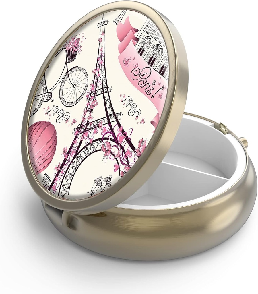 Pill Case Pill Box with Mirror Retro 3 Compartment Small Pill Case for Purse or Pocket Bronze Small Roud Pill Box or Vitamins, Fish Oil, Supplements, Pill Containe Travel Gifts(Paris Eiffel Tower)