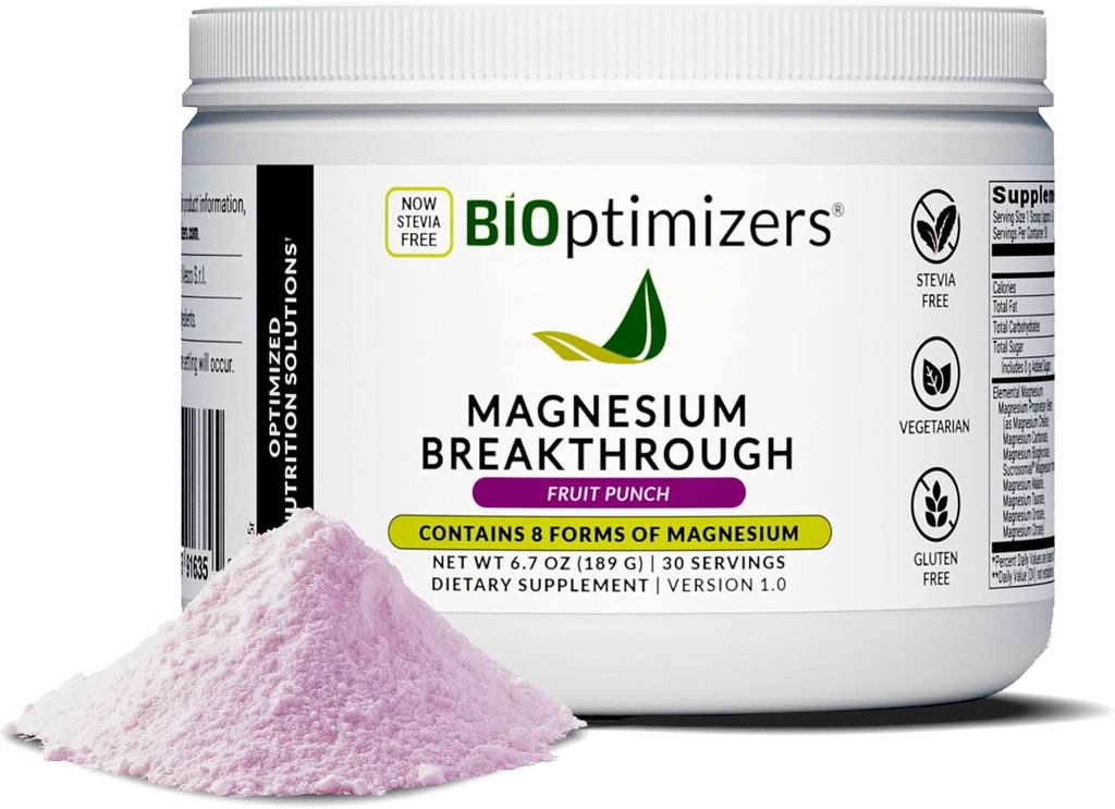 BIOptimizers Magnesium Breakthrough Drink - 8 Forms of Magnesium, Electrolytes, Sleep Health, Stress, Muscle Recovery, Heart Support ← Glycinate, Citrate, Malate - Fruit Punch