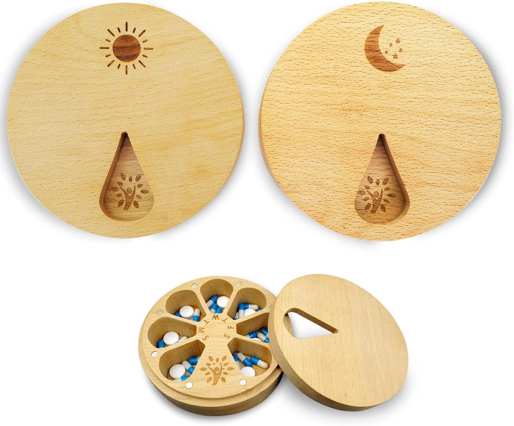 AM&PM Set of 2 Wood Weekly Pill Organizer for Medicine Vitamin 2 Times a Day,Arthritis Friendly 7-Day Pill Box Medium Compartments Holder,Daily Portable Travel Pill Case with Velvet Bag