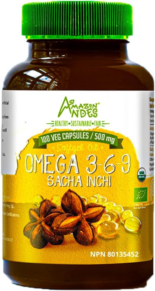 Andes Sacha Inchi Oil Capsules - Fuente de omegas 3, 6 y 9 - Fuente más saludable de ácidos grasos esenciales - Vegan, No GMO, Libre de alérgenos " Gluten - 100 Softgel Pills (500mg) - Made in Peru
