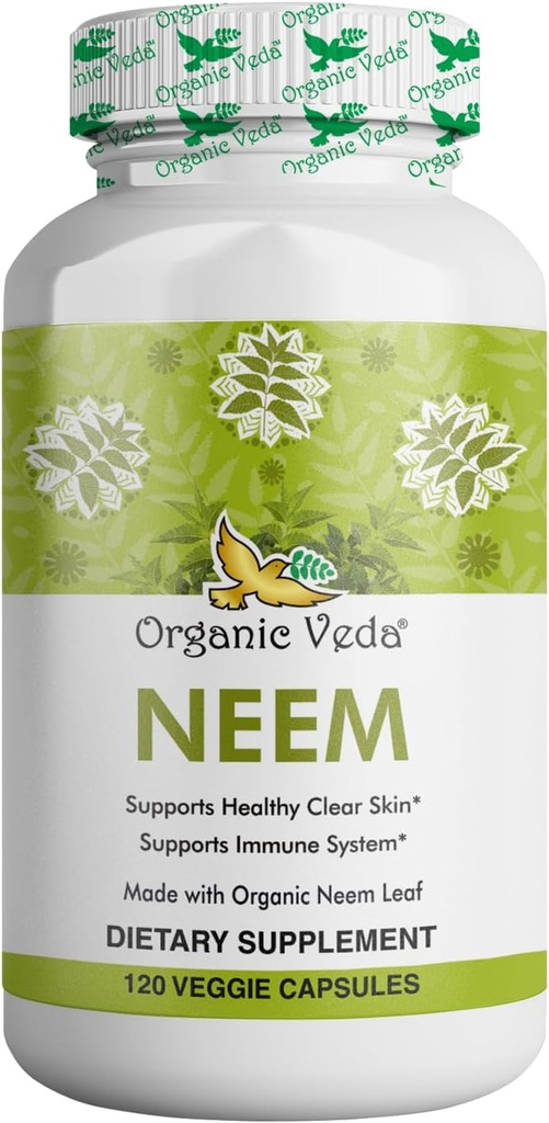 Orgánica Veda Neem Capsules, 1000mg - Suplemento Herbal Orgánico Hecho con ayurvédico India Neem Leaf Powder - Apoyo Esquí Radiante, Inmuno, Detox, Respuesta Inflamatoria Saludable - 120 Veggie Capsules