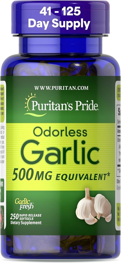 Pride Premium de Puritan Ajo sin olor Fresco 500 mg, Suplemento dietético tradicional para la salud del corazón y la circulación Apoyo con propiedades antioxidantes, 250 Softgels de liberación rápida