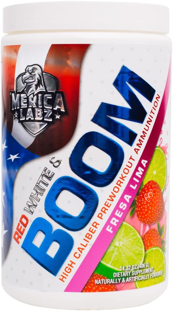 'Merica Labz Red, White y Boom, High Caliber Pre Workout with VasoDrive-AP®, 350mg Caffeine, Max Energy, Pump and Focus, increased Blood Flow and Muscle Volume, 20 Servings (Fresa Lima)