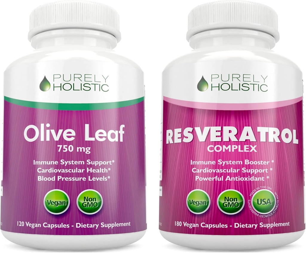 Purely Holistic Olive Leaf Extracto 750mg + Complejo Resveratrol 1450mg - 300 cápsulas Vegan - Hecho en los EE.UU.