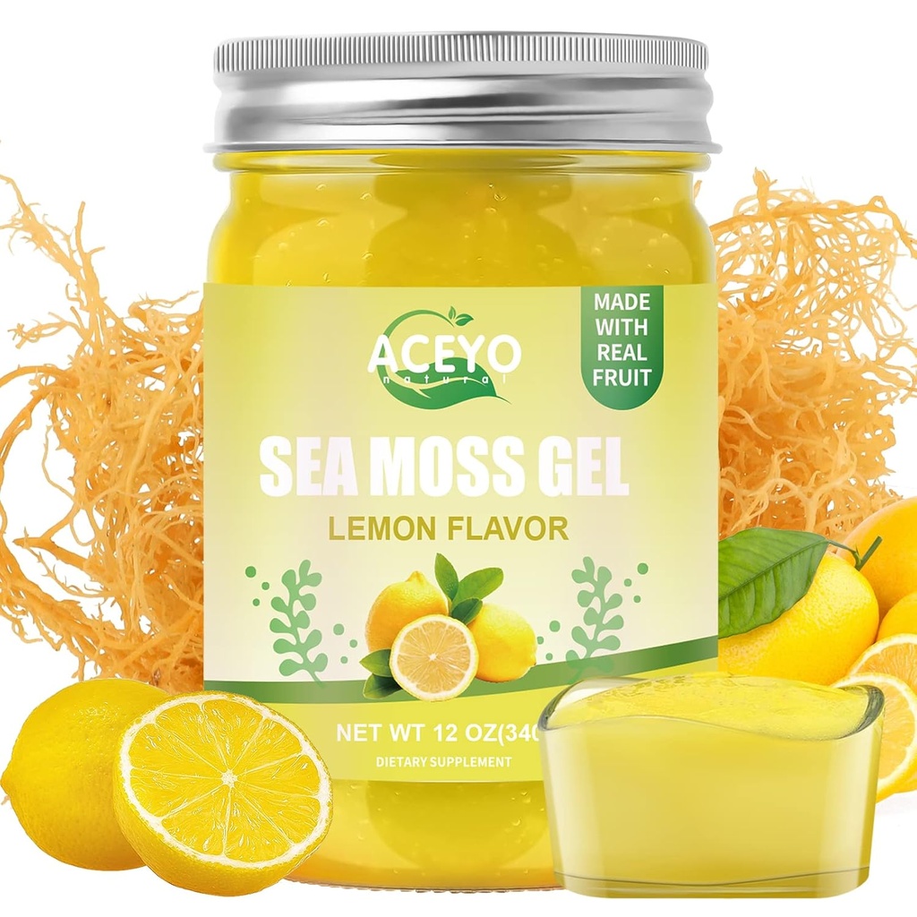 ACEYO (12 OZ) Irish Sea Moss Gel Organic Raw Vegan Lemon Flavor 102 Vitaminas y Minerales Wild Harvested Non-GMO Immune Defense Booster Thyroid Digestive Support