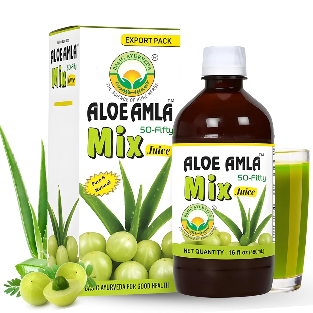 Basic Ayurveda Gooseberry + Aloe Vera Juice – 16.23 Fl Oz (480ml) ← 50-Fifty Herbal Mix for Immunity, Digestion & Skin Health ← Amla " Aloe Blend  durable 100% Natural ← Daily Ayurvedic Tonic