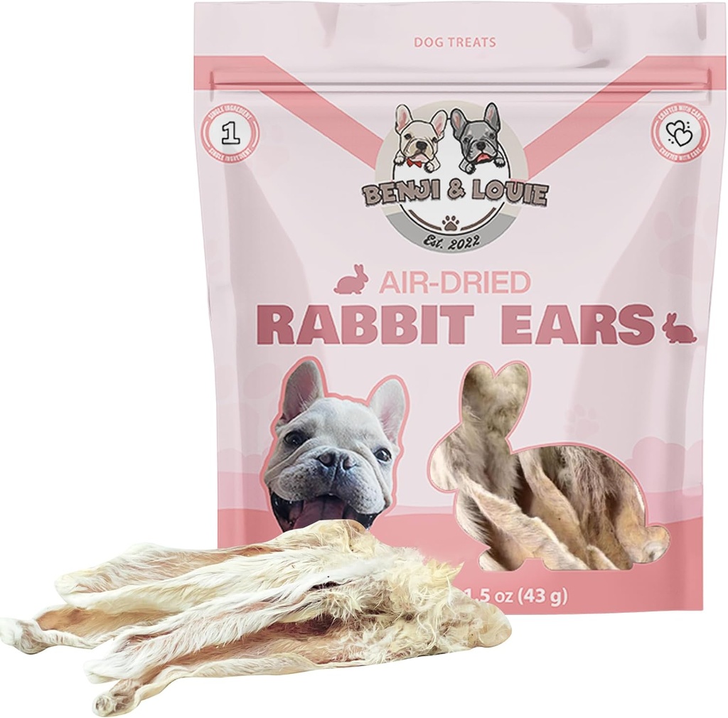 Benji &amp; Louie Aire seco Orejas enteras de conejo con piel - Trajes de perros naturales saludables o cerdas de perros, Ingrediente único, 1,5 oz, 4 a 6 conteo